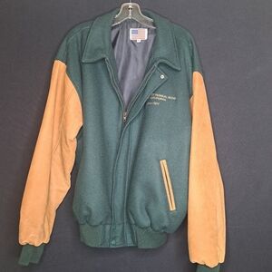 VINTAGE Varsity Jacket Adult Size XL Green Wool Felt Leather Sleeve USA Bomber